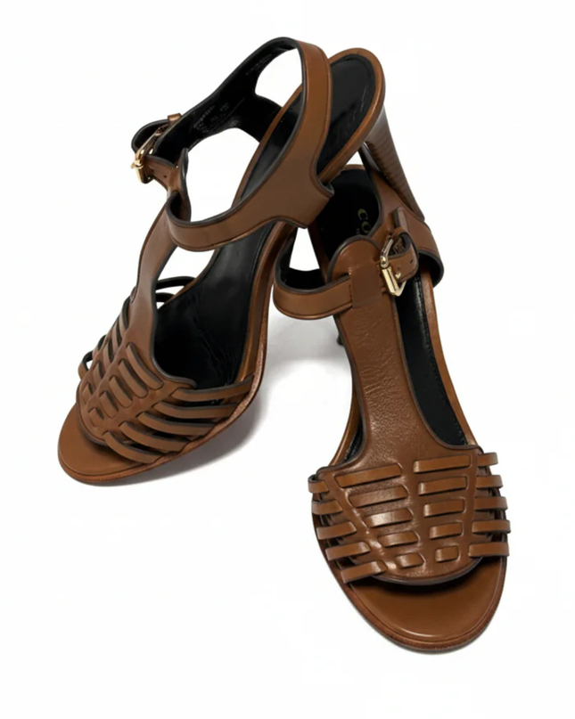 Coach Brown Izzy Leather Woven T-Strap Stiletto Sandals