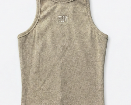 mêm Beige Ribbed Gothic Embroidered Tank Top