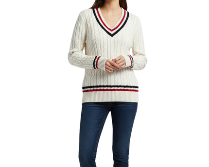 Lauren Ralph Lauren Cream Cable Knit Varsity V-Neck Sweater