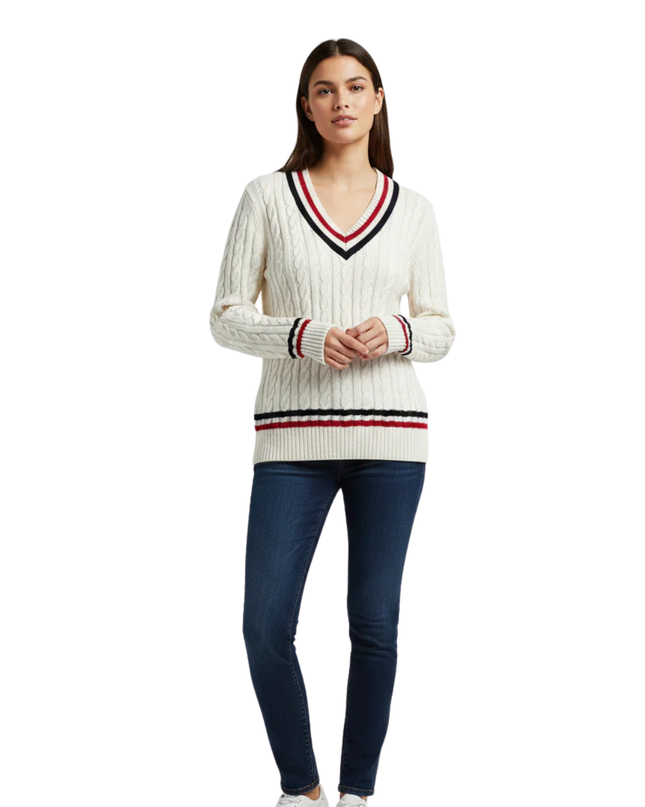 Lauren Ralph Lauren Cream Cable Knit Varsity V-Neck Sweater