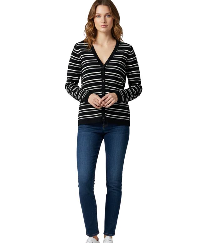 Lefties Black Striped Button-Down V-Neck Cardigan