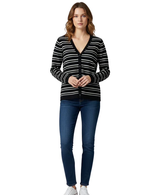 Lefties Black Striped Button-Down V-Neck Cardigan