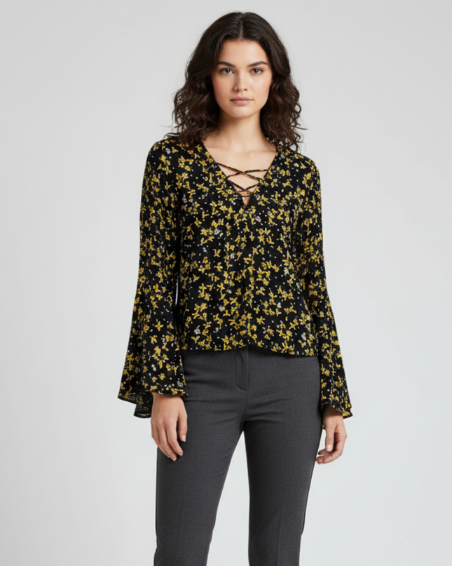 ZARA Basic Lace-Up Yellow Floral Bell Sleeve Blouse