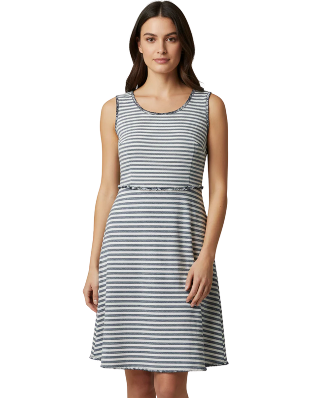 Vero Moda Blue and White Striped Sleeveless Frayed Trim Dress