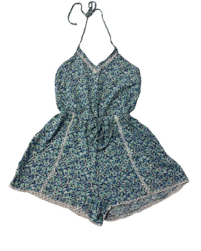 Hollister Blue Floral Halter Neck Lace Trim Romper