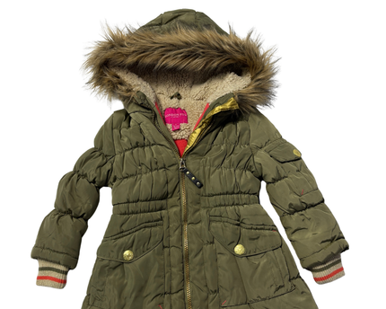 London Fog Olive Green Hooded Puffer Jacket with Faux Fur Trim