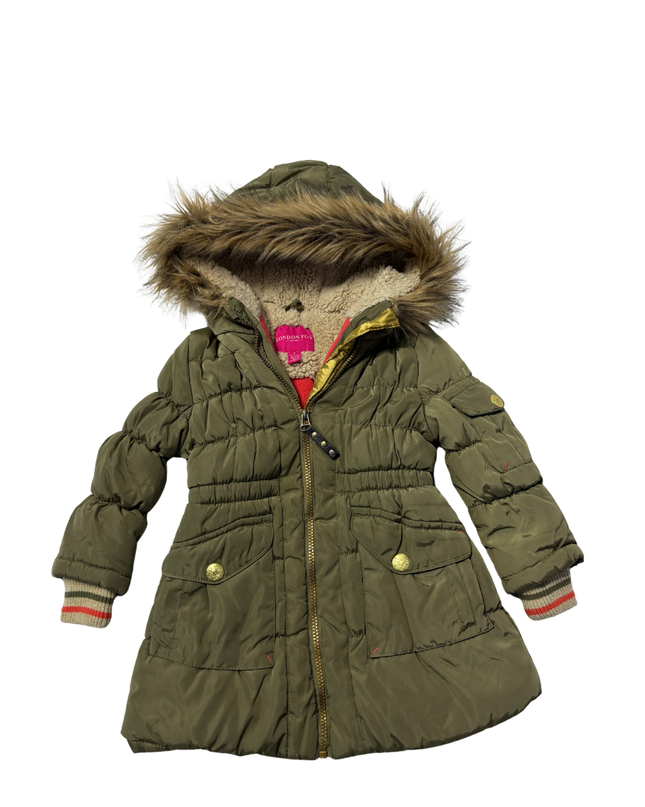 London Fog Olive Green Hooded Puffer Jacket with Faux Fur Trim