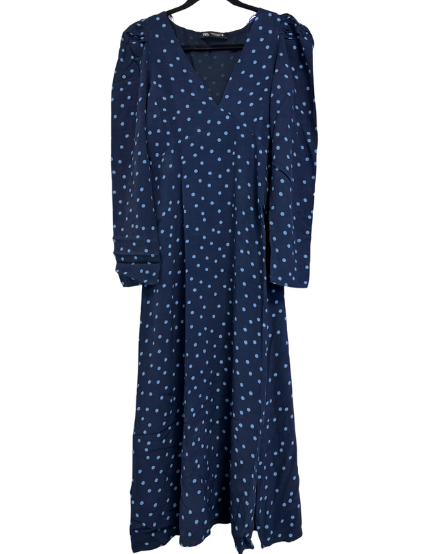 Zara Blue Polka Dot V-Neck Long Sleeve Midi Dress