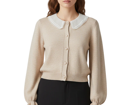 ONLY Beige Knit Cardigan with Delicate Lace Collar