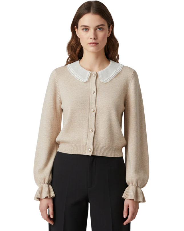 ONLY Beige Knit Cardigan with Delicate Lace Collar
