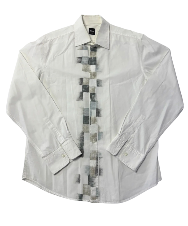 BOSS White Slim Fit Geometric Graphic Front Cotton Shirt