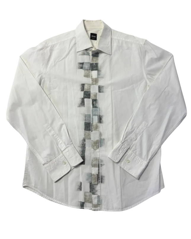 BOSS White Slim Fit Geometric Graphic Front Cotton Shirt