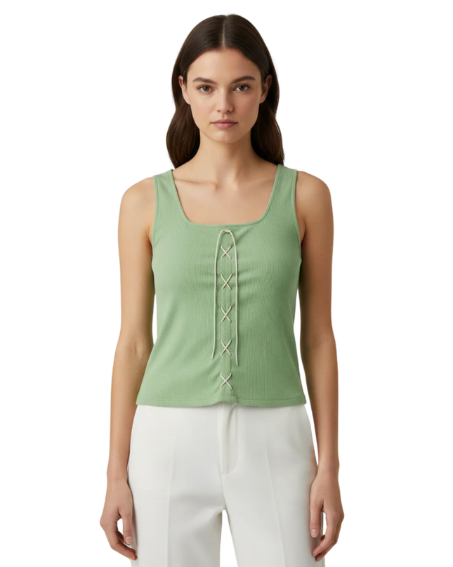 ONLY Green Ribbed Lace-Up Front Tank Top
