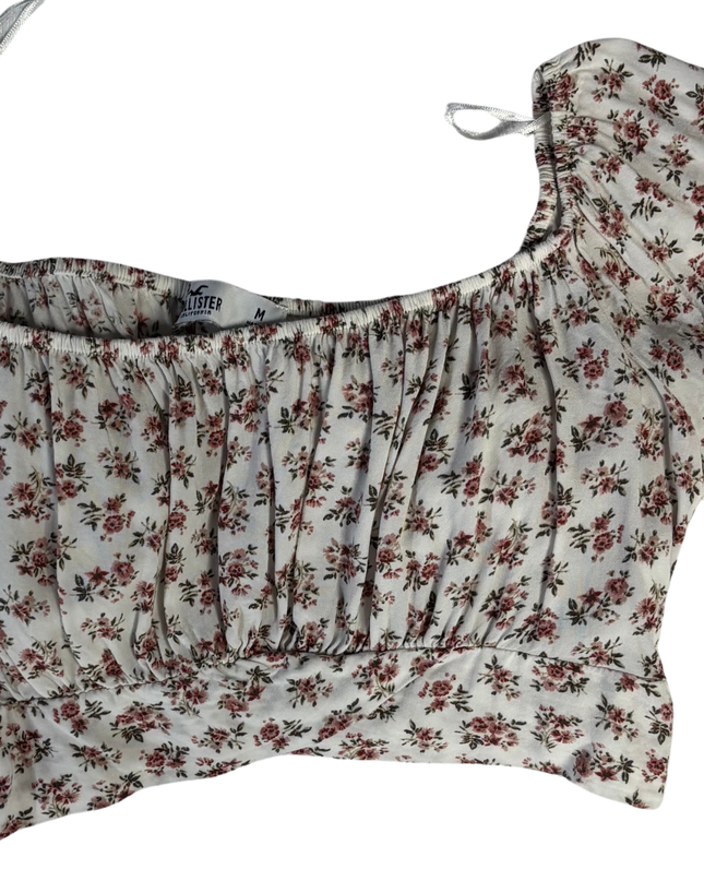 Hollister White Floral Smocked Short Sleeve Crop Top