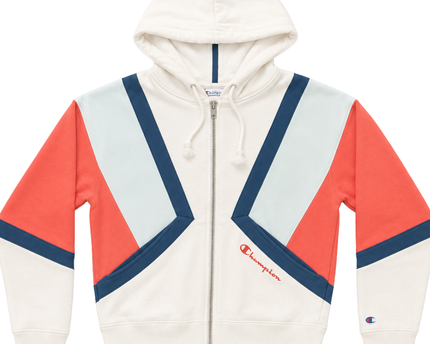 Champion White Geometric Color-Block Zip-Up Hoodie Unisex