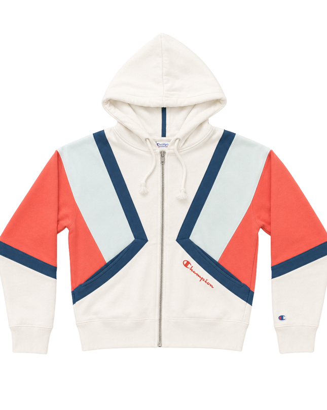 Champion White Geometric Color-Block Zip-Up Hoodie Unisex