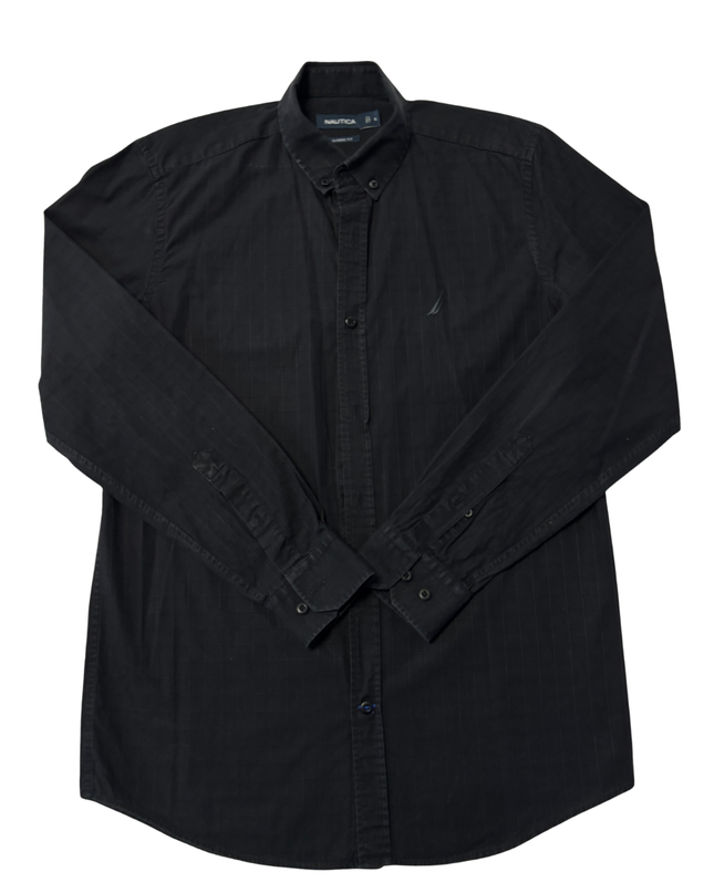 Nautica Black Grid Pattern Classic Fit Long Sleeve Shirt
