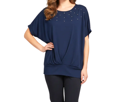 Voulez Vous Navy Blue Studded Dolman Sleeve Draped Top
