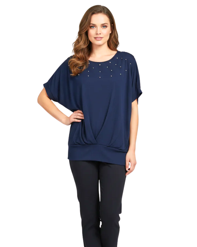 Voulez Vous Navy Blue Studded Dolman Sleeve Draped Top