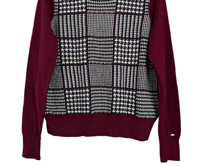 Tommy Hilfiger Burgundy Houndstooth Front Knit Sweater