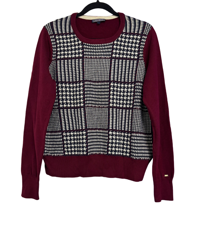 Tommy Hilfiger Burgundy Houndstooth Front Knit Sweater