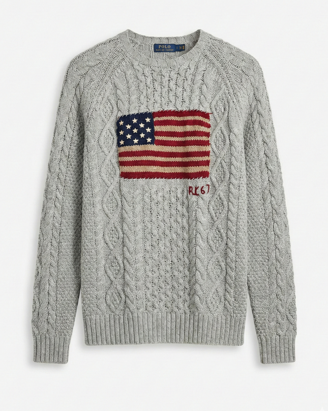 Polo Ralph Lauren Grey American Flag Cable-Knit Sweater | With Tags