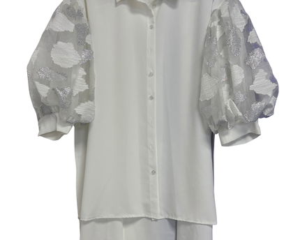 Anotah White Layered Blouse with Textured Statement Puff Sleeves