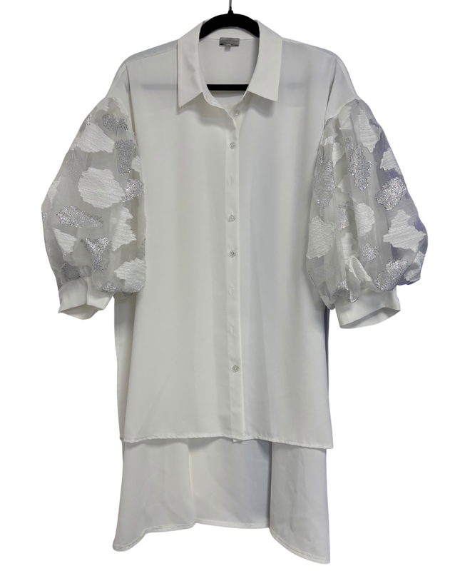 Anotah White Layered Blouse with Textured Statement Puff Sleeves