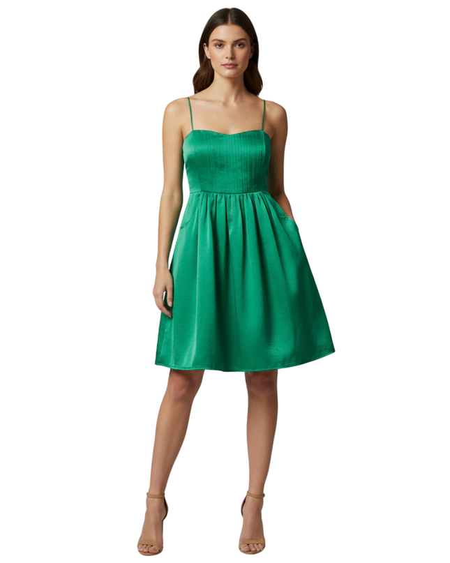 Mango Suit Emerald Green Pleated Strappy Mini Dress