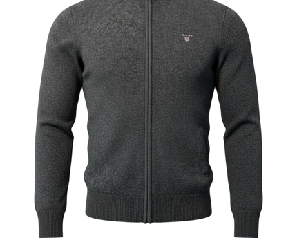 GANT Men's Grey 100% Lambswool Full-Zip Mock Neck Sweater