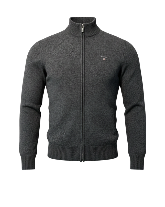 GANT Men's Grey 100% Lambswool Full-Zip Mock Neck Sweater