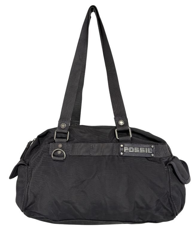 Fossil Black Nylon Silver Metal Logo & Utility Webbing Straps Bowler Bag