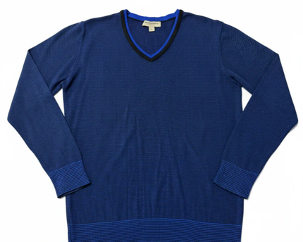 Burberry London Blue V-Neck Striped Cotton Sweater
