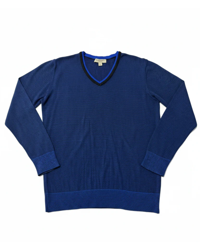 Burberry London Blue V-Neck Striped Cotton Sweater