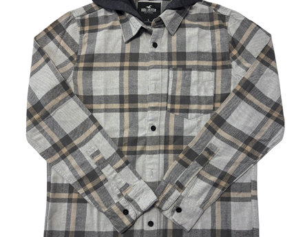 Hollister Grey Plaid Hooded Flannel Shirt