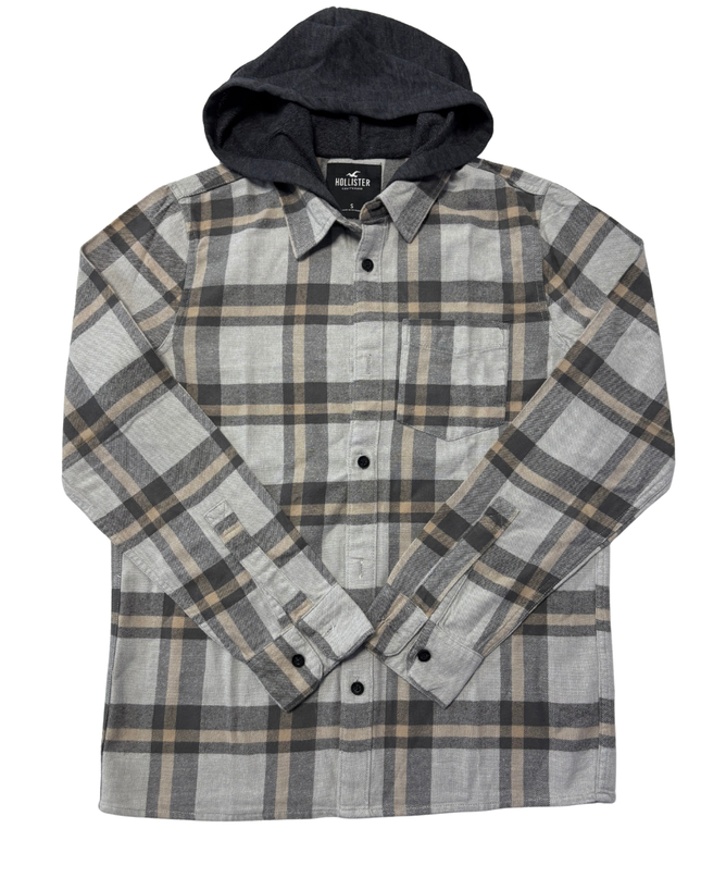 Hollister Grey Plaid Hooded Flannel Shirt
