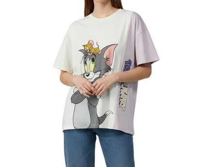 Tom and Jerry Off-white Graphic Tee with Colorblock Panel