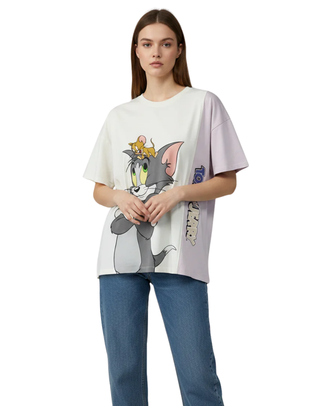 Tom and Jerry Off-white Graphic Tee with Colorblock Panel