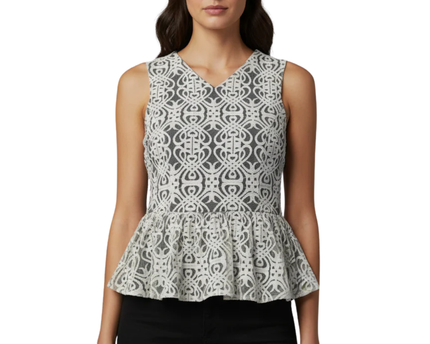 bar III Black/White Geometric Lace Sleeveless Peplum Top