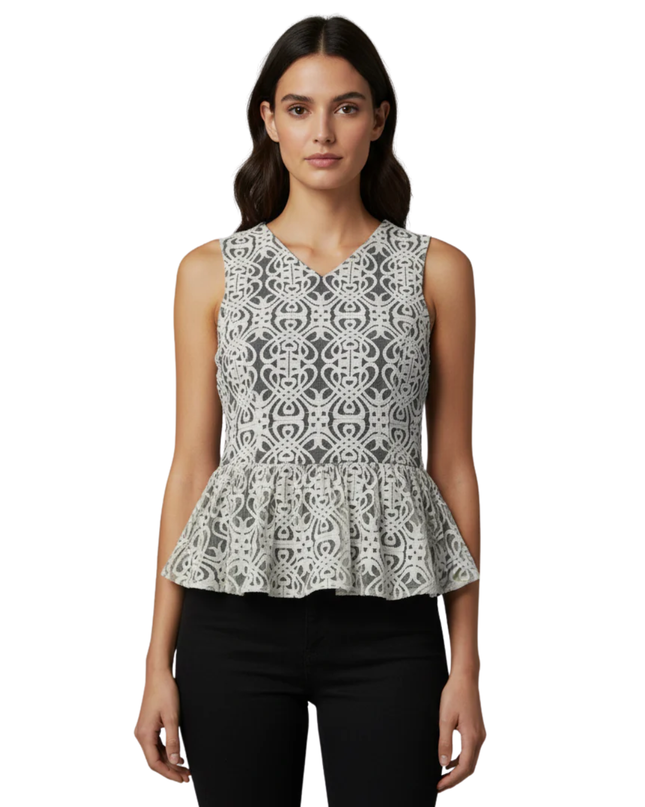 bar III Black/White Geometric Lace Sleeveless Peplum Top