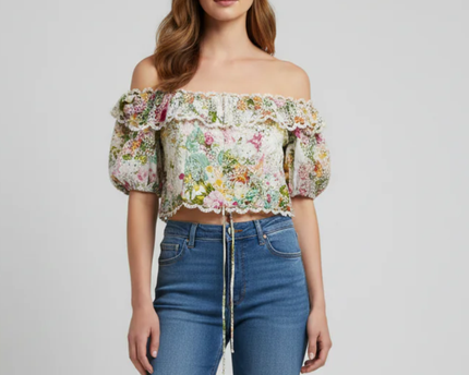 Multicolor Floral Broderie Anglaise Ruffle Crop Top