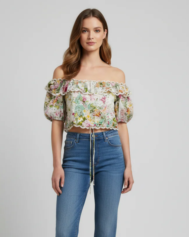 Multicolor Floral Broderie Anglaise Ruffle Crop Top