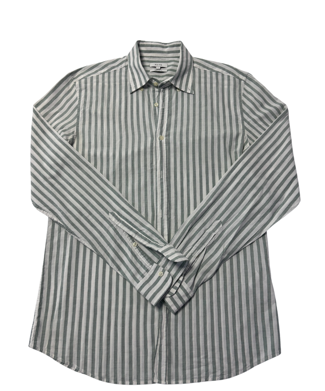 Reiss Green and White Striped Regular Fit Button-Down Shirt