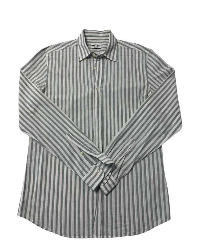 Reiss Green and White Striped Regular Fit Button-Down Shirt