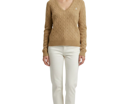 Polo Ralph Lauren Brown Cable Knit Wool-Cashmere V-Neck Sweater