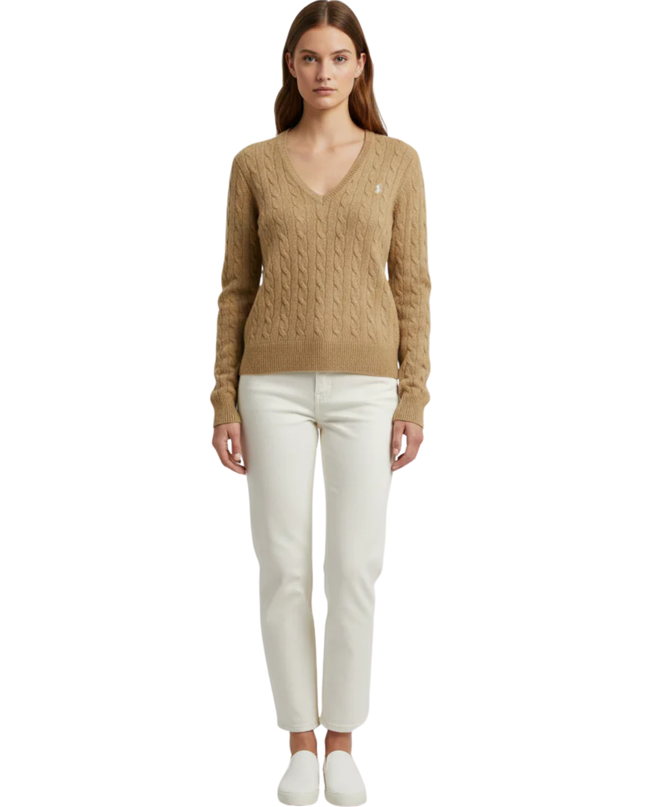 Polo Ralph Lauren Brown Cable Knit Wool-Cashmere V-Neck Sweater