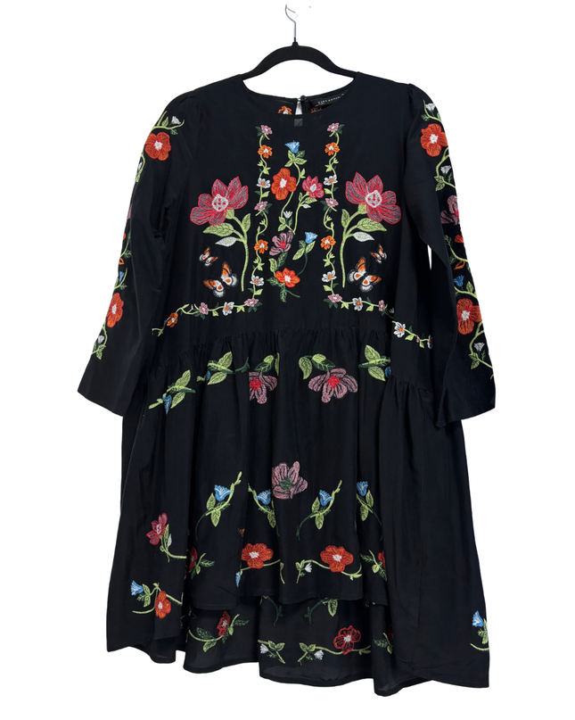 Zara Woman Black Floral Embroidered Mini Dress