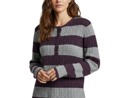 Tommy Hilfiger Purple & Gray Striped Cable Knit Henley Sweater