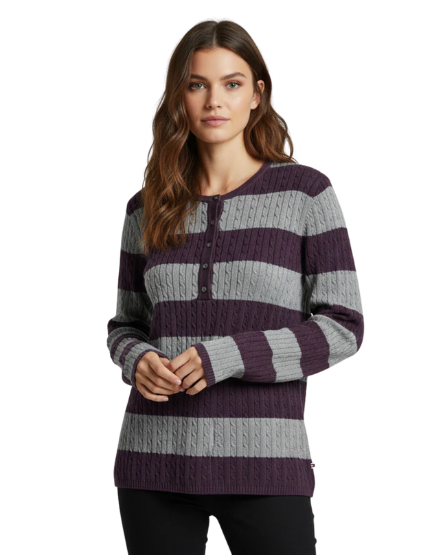 Tommy Hilfiger Purple & Gray Striped Cable Knit Henley Sweater
