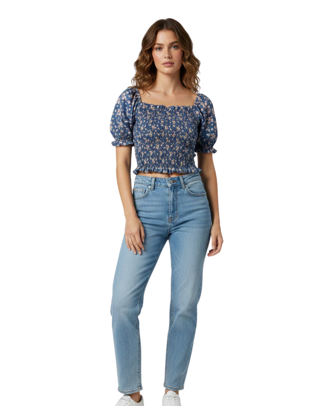 ITALY Series Blue Floral Smocked Puff Sleeve Top